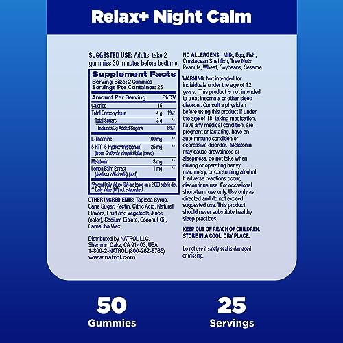 Natrol Relax + Night Calm With L-Theanine, 5-HTP, Lemon Balm and Melatonin, Drug-Free Dietary Supplement for Nighttime Stress and Better Sleep, 50 Raspberry-Flavored Gummies, 25 Day Supply