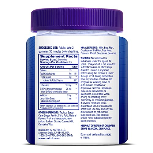 Natrol Relax + Night Calm With L-Theanine, 5-HTP, Lemon Balm and Melatonin, Drug-Free Dietary Supplement for Nighttime Stress and Better Sleep, 50 Raspberry-Flavored Gummies, 25 Day Supply