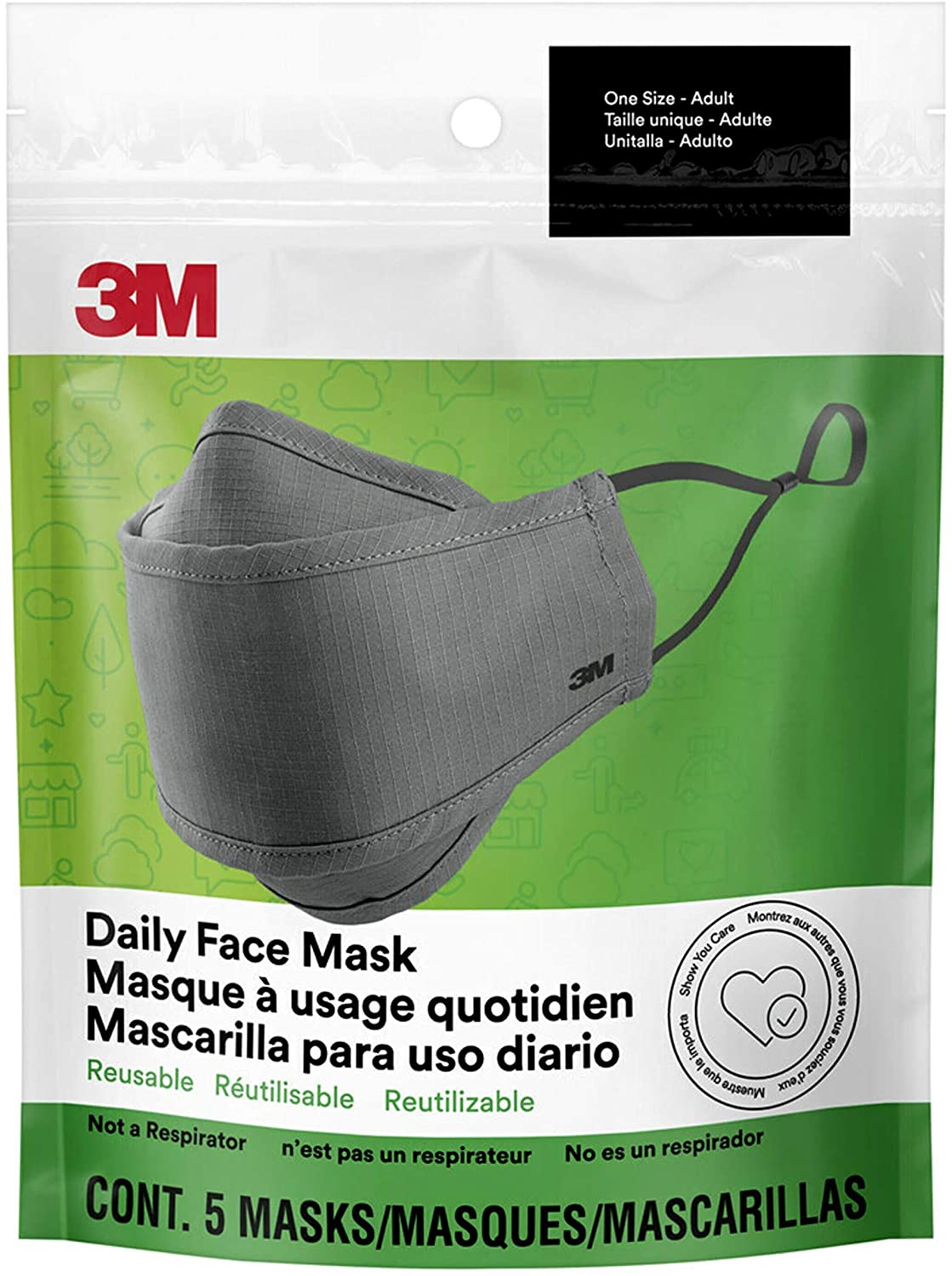 3M Daily Face Mask, Reusable, Washable, Adjustable Ear Loops, Lightweight Cotton Fabric, 5 Pack, Gray