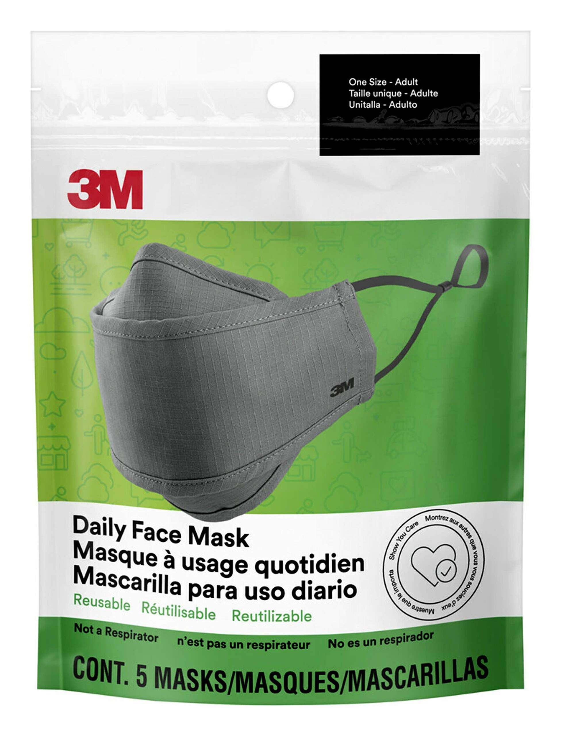 3M Daily Face Mask, Reusable, Washable, Adjustable Ear Loops, Lightweight Cotton Fabric, 5 Pack, Gray
