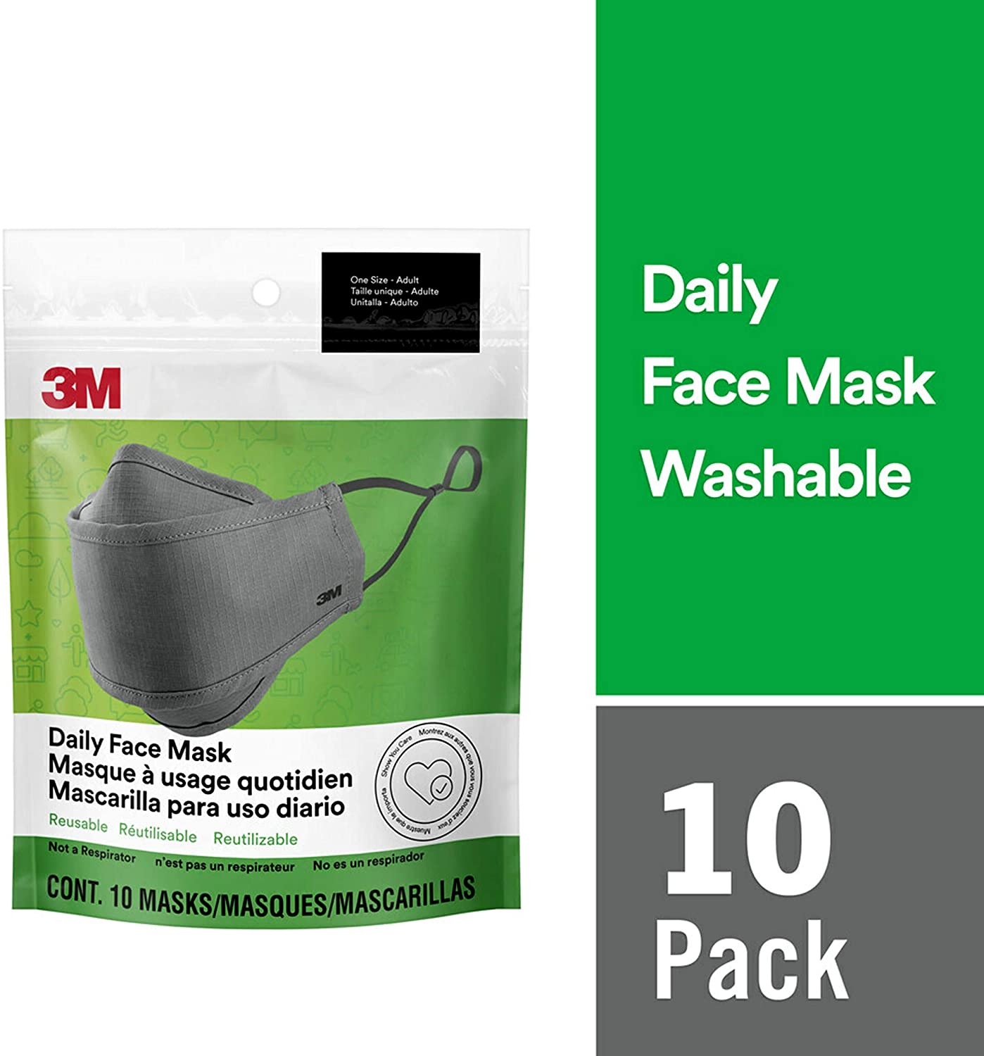 3M Daily Face Mask, Reusable, Washable, Adjustable Ear Loops, Lightweight Cotton Fabric, 10 Pack, Gray