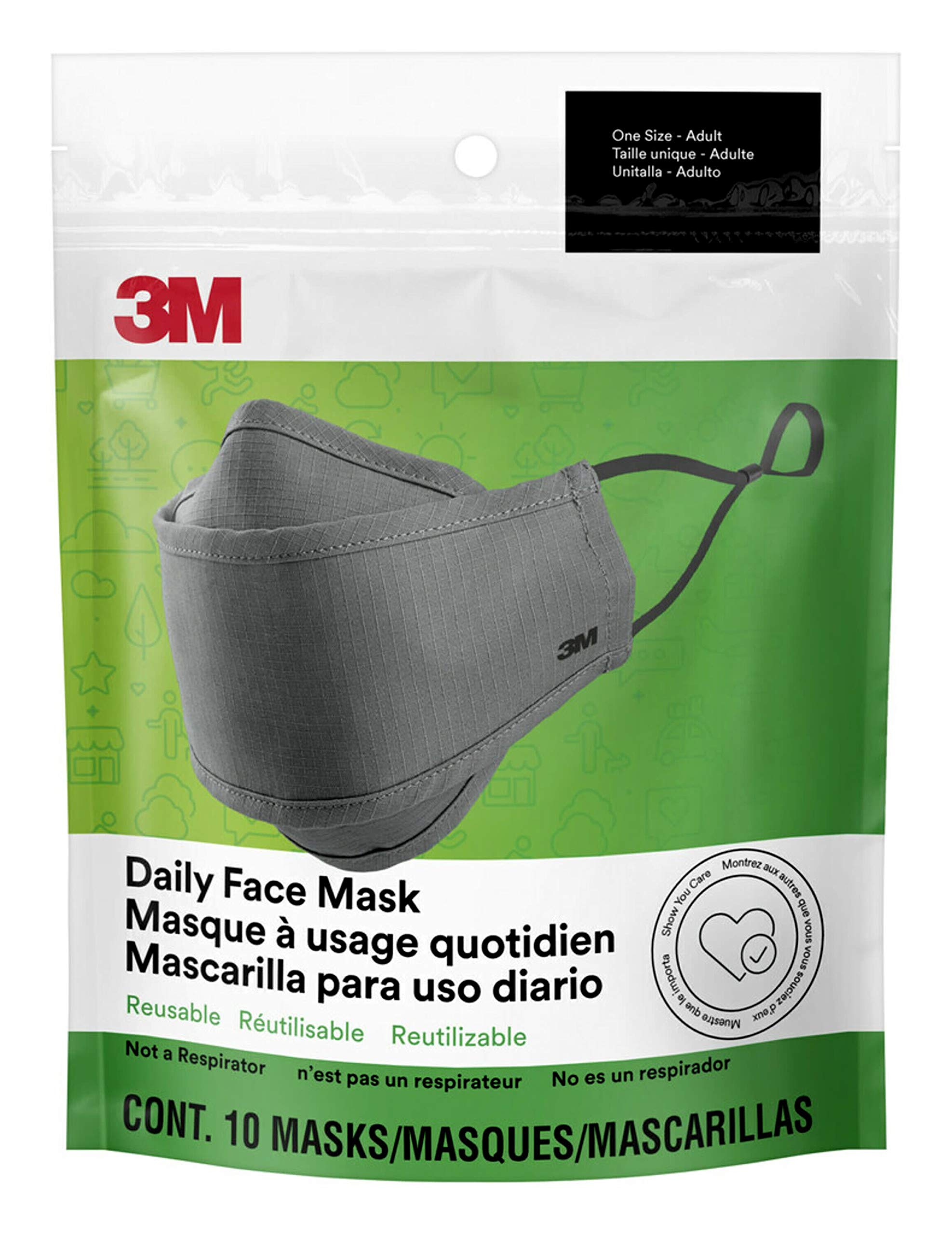 3M Daily Face Mask, Reusable, Washable, Adjustable Ear Loops, Lightweight Cotton Fabric, 10 Pack, Gray