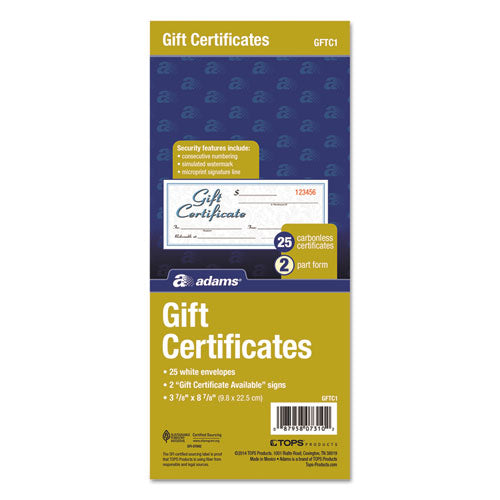 Gift Certificates W-envelopes, 8 X 3 2-5, White-canary, 25-book