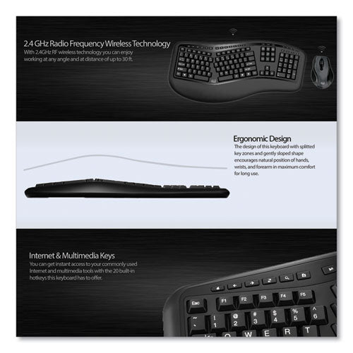 Wkb1500gb Wireless Ergonomic Keyboard And Mouse, 2.4 Ghz Frequency-30 Ft Wireless Range, Black