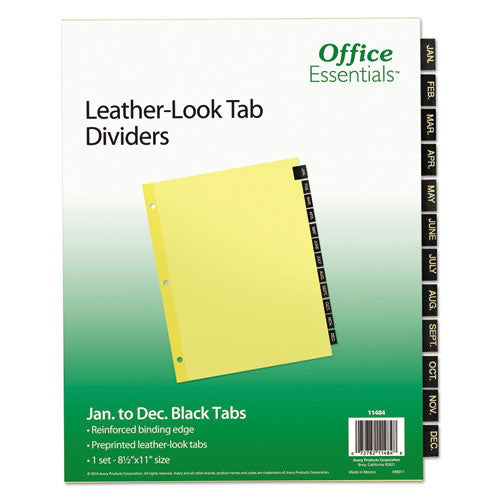 Preprinted Black Leather Tab Dividers, 12-tab, Letter