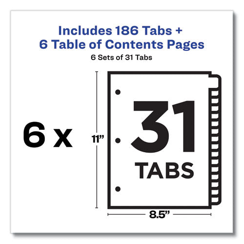 Customizable Table Of Contents Ready Index Multicolor Dividers, 31-tab, 1 To 31, 11 X 8.5, 6 Sets