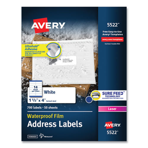 Waterproof Address Labels With Trueblock And Sure Feed, Laser Printers, 1.33 X 4, White, 14-sheet, 50 Sheets-pack