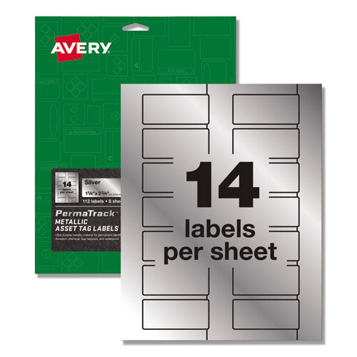Permatrack Metallic Asset Tag Labels, Laser Printers, 1.25 X 2.75, Silver, 14-sheet, 8 Sheets-pack