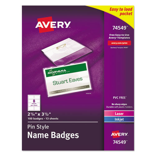 Pin-style Badge Holder With Laser-inkjet Insert, Top Load, 3.5 X 2.25, White, 100-box