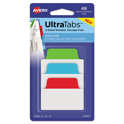 Ultra Tabs Repositionable Standard Tabs, 1-5-cut Tabs, Assorted Primary Colors, 2" Wide, 48-pack