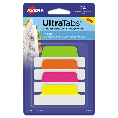 Ultra Tabs Repositionable Margin Tabs, 1-5-cut Tabs, Assorted Neon, 2.5" Wide, 24-pack