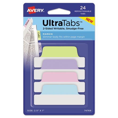 Ultra Tabs Repositionable Margin Tabs, 1-5-cut Tabs, Assorted Pastels, 2.5" Wide, 24-pack