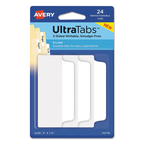 Ultra Tabs Repositionable Wide Tabs, 1-3-cut Tabs, White, 3" Wide, 24-pack