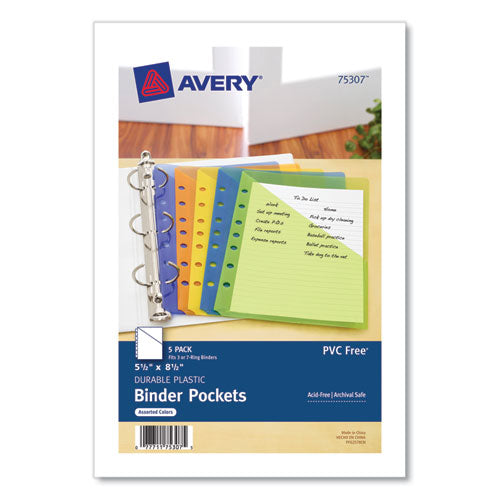 Small Binder Pockets, Standard, 7-hole Punched, Assorted, 9.25 X 5.5, 5-pack