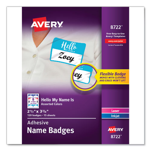Flexible Adhesive Name Badge Labels, "hello", 3 3-8 X 2 1-3, Assorted, 120-pk