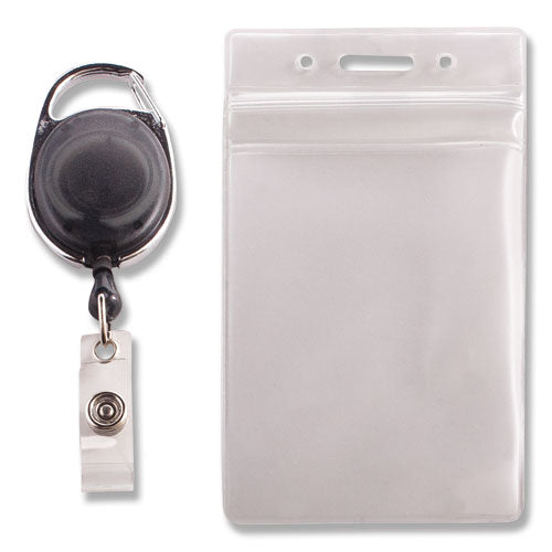 Resealable Id Badge Holders With 30" Cord Reel, Vertical, Frosted 3.68" X 5" Holder, 2.5" X 4" Insert, 10-pack