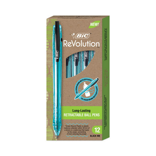 Revolution Ocean Bound Ballpoint Pen, Retractable, Medium 1 Mm, Black Ink-translucent Blue Barrel, Dozen