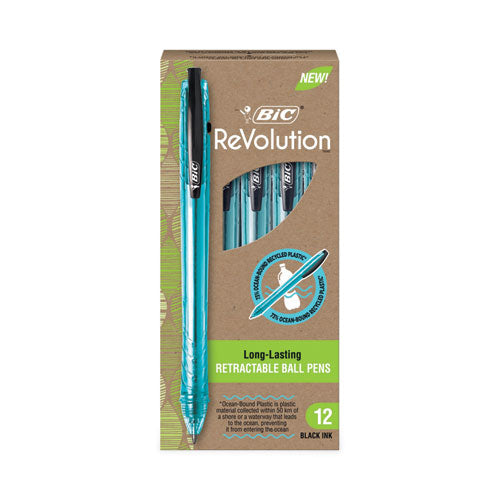 Revolution Ocean Bound Ballpoint Pen, Retractable, Medium 1 Mm, Black Ink-translucent Blue Barrel, Dozen