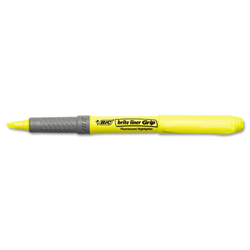 Brite Liner Grip Pocket Highlighter, Fluorescent Yellow Ink, Chisel Tip, Yellow-black-silver Barrel, Dozen