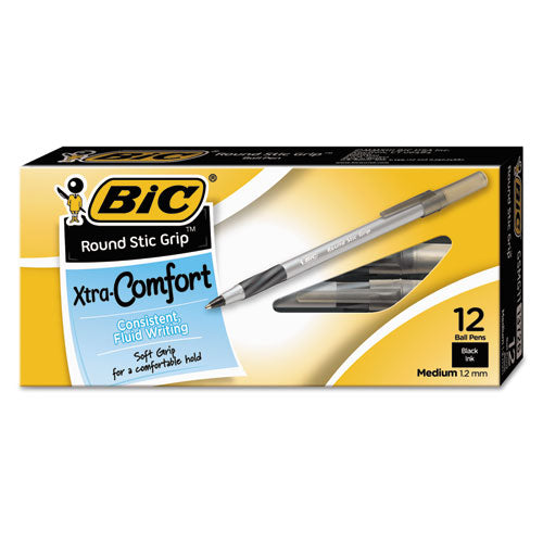 Round Stic Grip Xtra Comfort Ballpoint Pen, Easy-glide, Stick, Medium 1.2 Mm, Black Ink, Gray-black Barrel, Dozen