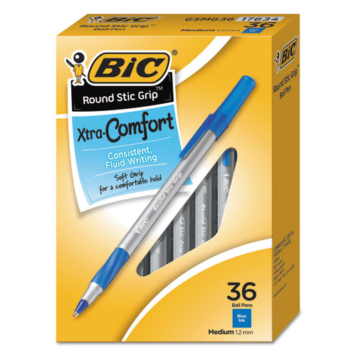 Round Stic Grip Xtra Comfort Ballpoint Pen Value Pack, Easy-glide, Stick, Medium 1.2 Mm, Blue Ink, Gray-blue Barrel, 36-pack