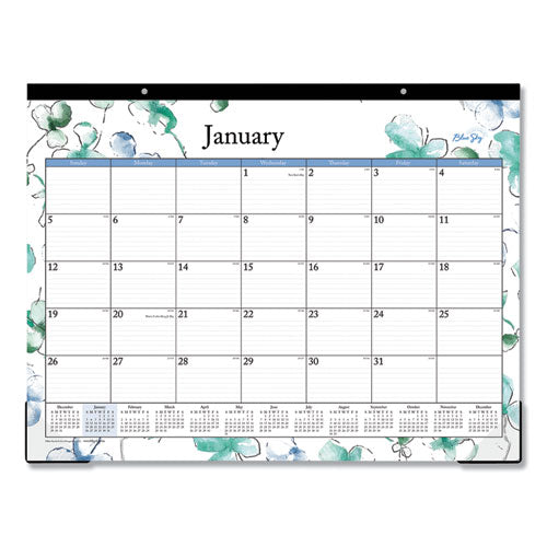 Lindley Desk Pad, Floral Artwork, 22 X 17, White-blue-green Sheets, Black Binding, Clear Corners, 12-month (jan-dec): 2023