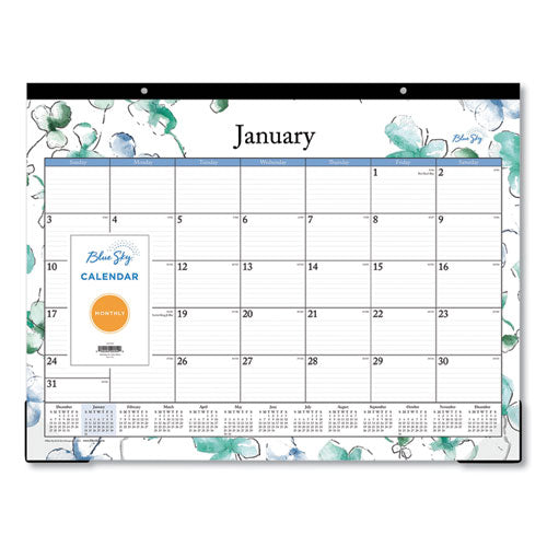 Lindley Desk Pad, Floral Artwork, 22 X 17, White-blue-green Sheets, Black Binding, Clear Corners, 12-month (jan-dec): 2023