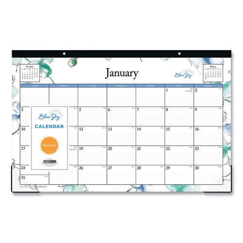 Lindley Desk Pad, Floral Artwork, 17 X 11, White-blue-green Sheets, Black Binding, Clear Corners, 12-month (jan-dec): 2023
