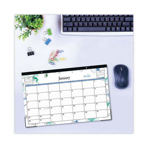 Lindley Desk Pad, Floral Artwork, 17 X 11, White-blue-green Sheets, Black Binding, Clear Corners, 12-month (jan-dec): 2023