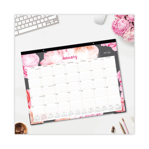 Joselyn Desk Pad, Rose Artwork, 22 X 17, White-pink-peach Sheets, Black Binding, Clear Corners, 12-month (jan-dec): 2023
