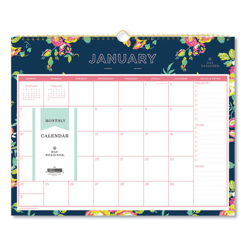 Day Designer Wirebound Wall Calendar, 15 X 12, Navy Floral, 2022