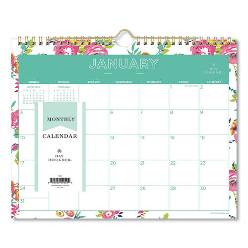 Day Designer Wirebound Wall Calendar, 11 X 8.75, Floral White, 2022