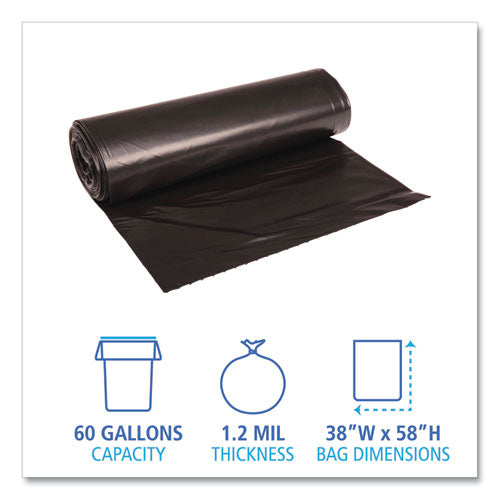 Low Density Repro Can Liners, 60 Gal, 1.2 Mil, 38" X 58", Black, 10 Bags-roll, 10 Rolls-carton