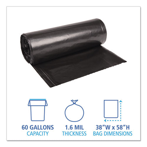 Low Density Repro Can Liners, 60 Gal, 1.6 Mil, 38" X 58", Black, 10 Bags-roll, 10 Rolls-carton