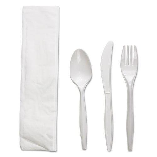 Four-piece Cutlery Kit, Fork-knife-napkin-teaspoon, White, Polypropylene, 250-carton