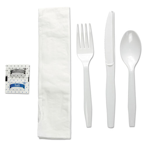 Six-piece Cutlery Kit, Condiment-fork-knife-napkin-teaspoon, White, 250-carton