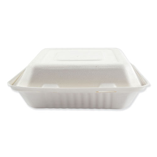Bagasse Food Containers, Hinged-lid, 3-compartment 9 X 9 X 3.19, White, 100-sleeve, 2 Sleeves-carton