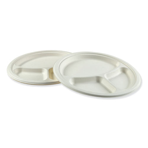 Bagasse Dinnerware, 3-compartment Plate, 10" Dia, White, 500-carton