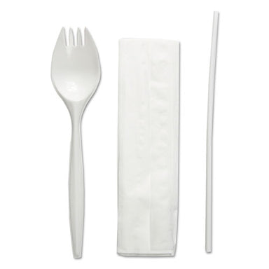 White Disposable Polypropylene Utensils, School Cutlery Kit,  Napkin/Spork/Straw, White (1000-Carton)
