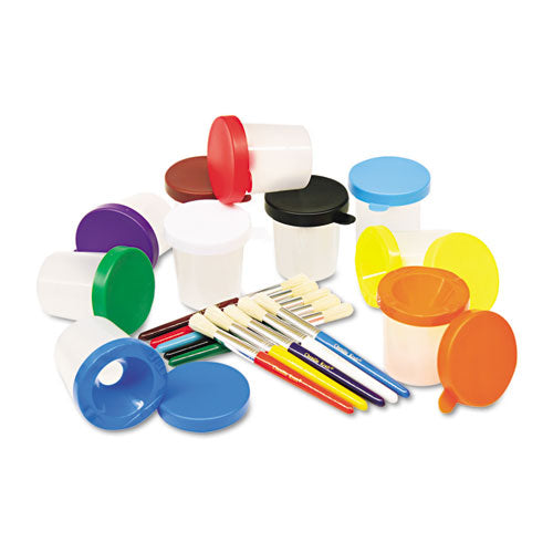 No-spill Cups And Coordinating Brushes, Assorted Color Lids-clear Cups, 10-set