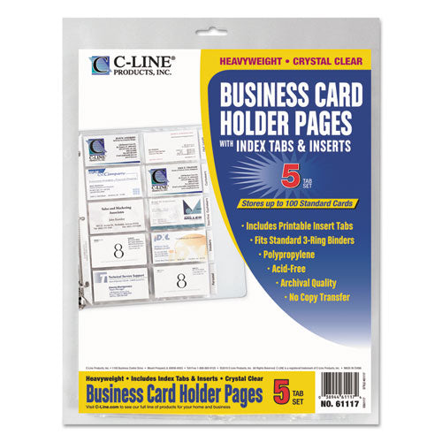 Tabbed Business Card Binder Pages, 20 Cards Per Letter Page, Clear, 5 Pages