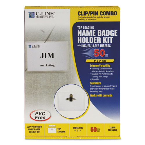 Name Badge Kits, Top Load, 4 X 3, Clear, Combo Clip-pin, 50-box