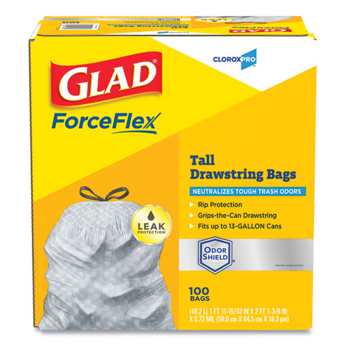 Forceflex Tall Kitchen Drawstring Trash Bags, 13 Gal, 0.72 Mil, 23.75" X 24.88", Gray, 100-box