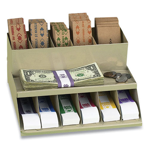 Coin Wrapper And Bill Strap Two-tier Rack, 11 Compartments, 9.38 X 8.13 4.63, Metal, Pebble Beige