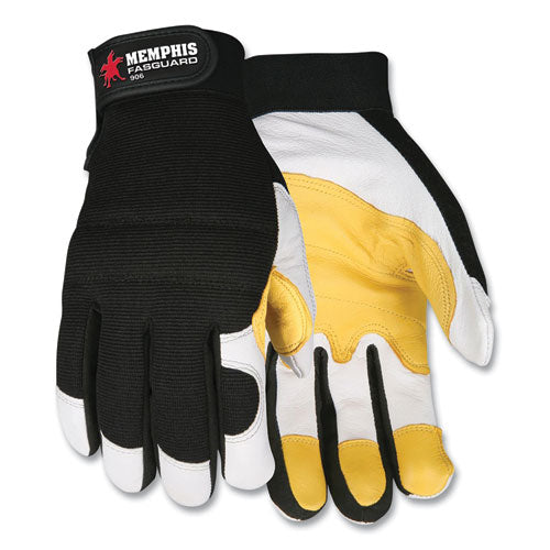 Goatskin Leather Palm Mechanics Gloves, Black-yellow-white, Large