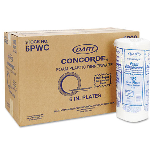 Concorde Foam Plate, 6" Dia, White, 1,000-carton
