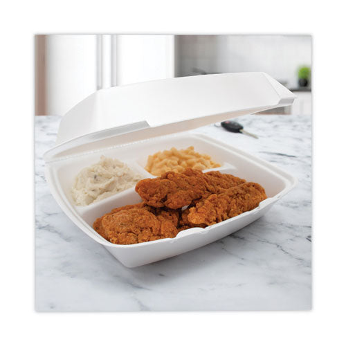 Insulated Foam Hinged Lid Containers, 3-compartment. 7.9 X 8.4 X 3.3, White, 200-pack, 2 Packs-carton