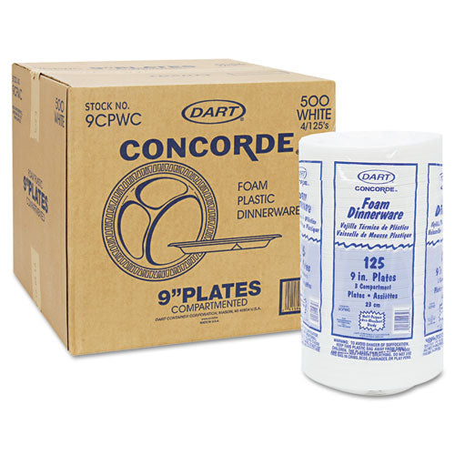 Concorde Foam Plate, 3-compartment, 9" Dia, White, 125-pack, 4 Packs-carton