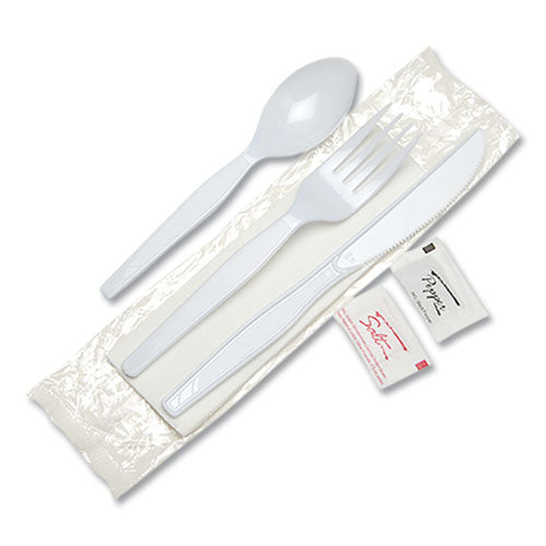 Individually Wrapped Mediumweight Polystyrene Cutlery, Knife-fork-teaspoon-salt-pepper-napkin, White, 250-carton