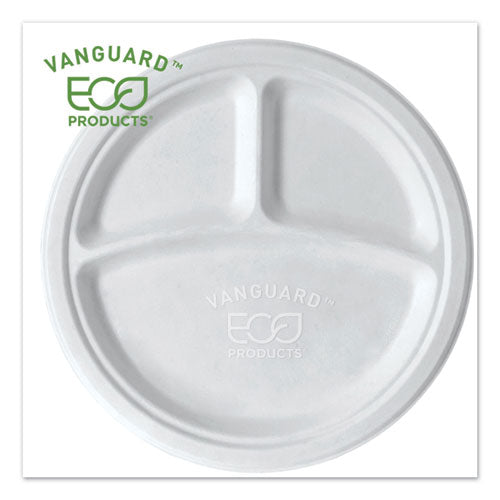 Vanguard Renewable And Compostable Sugarcane Plates, 3-compartment, 10" Dia, White, 500-carton